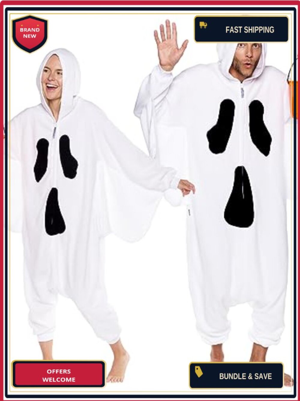 Adult Ghost Onesie Plush Halloween Costume Zip Up One Piece Pajama